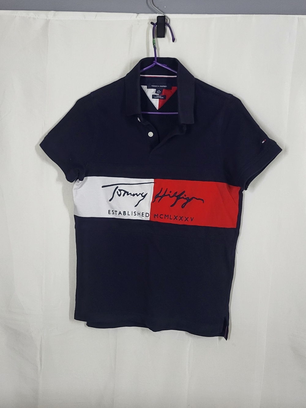 Tommy Hilfiger Established MCMLXXXV Script Logo Polo Shirt Navy & Red XS